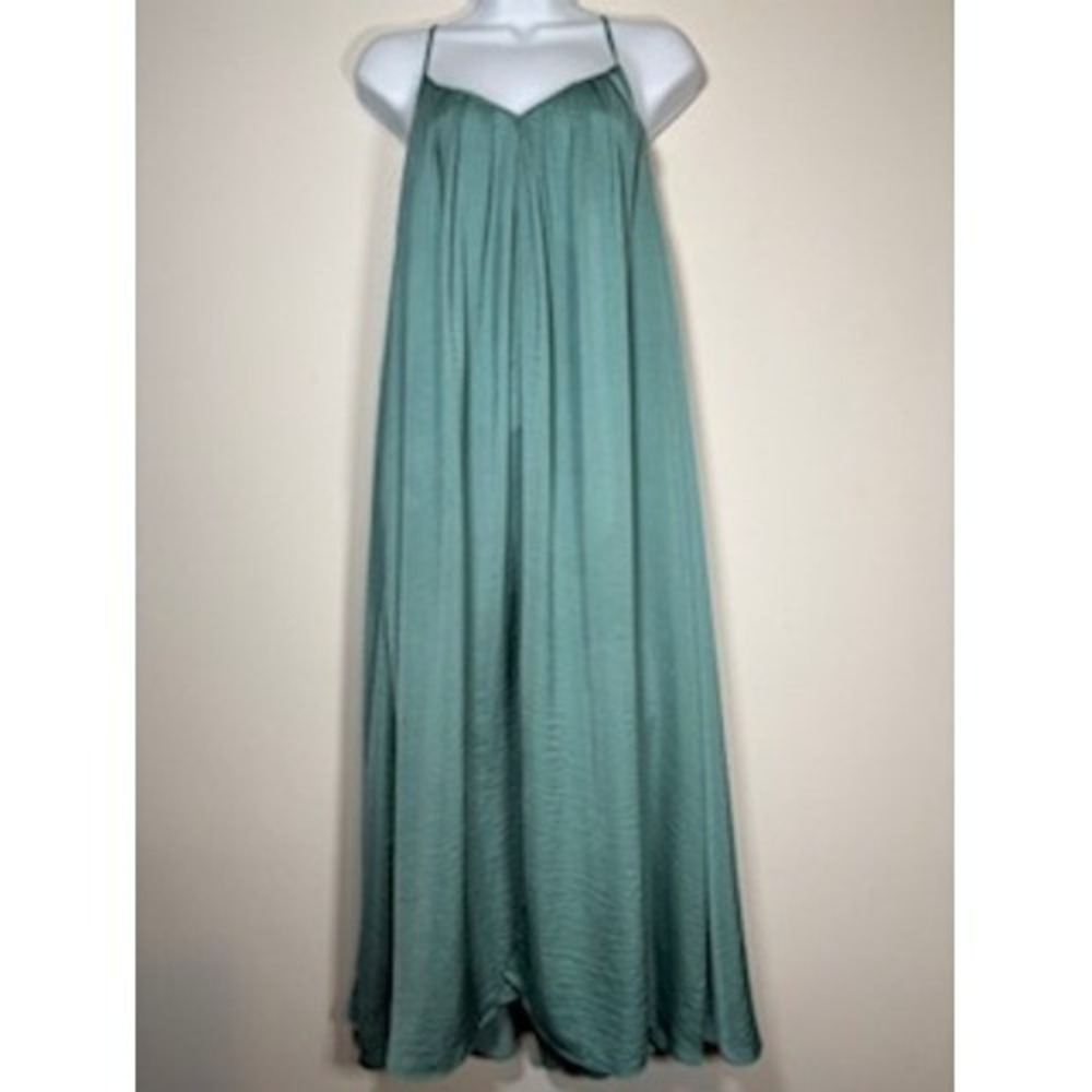 Banana Republic Maxi Dress Small Green Satin Pleated Trapeze Strappy Boho Chic